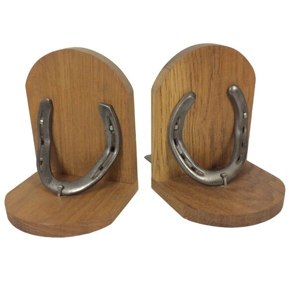 Wood & Iron Horseshoe Bookends Rustic Western Farmhouse Decor - Picture 5 of 7